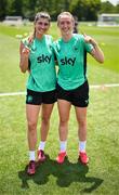 28 June 2025; Erin Healy, left, and Megan Connolly during a Republic of Ireland women training session at Mercy Health Training Center in Cincinnati, Ohio, USA. Photo by Stephen McCarthy/Sportsfile