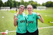 28 June 2025; Erin Healy, left, and Megan Connolly during a Republic of Ireland women training session at Mercy Health Training Center in Cincinnati, Ohio, USA. Photo by Stephen McCarthy/Sportsfile