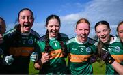 28 June 2025; Claregalway players, from left, Katelyn Hynes, Saoirse Conneely, Laura Tarrant and Eliza Dinneen celebrate after their side's victory in the LGFA Division 1 final match between Claregalway and Ballinderry Shamrocks at the John West Féile Peile na nÓg Gaelic Football and LGFA National Finals at Derry GAA Centre of Excellence in Owenbeg, Derry. Photo by Shauna Clinton/Sportsfile