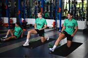 28 June 2025; Saoirse Noonan, right, Hayley Nolan and Marissa Sheva, left, during a Republic of Ireland women training session at Mercy Health Training Center in Cincinnati, Ohio, USA. Photo by Stephen McCarthy/Sportsfile
