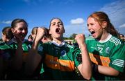 28 June 2025; Claregalway players, including Ava Fahey, centre, celebrate after their side's victory in the LGFA Division 1 final match between Claregalway and Ballinderry Shamrocks at the John West Féile Peile na nÓg Gaelic Football and LGFA National Finals at Derry GAA Centre of Excellence in Owenbeg, Derry. Photo by Shauna Clinton/Sportsfile