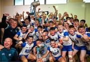 28 June 2025; The Waterford team celebrate with the Irish Press Cup after the Electric Ireland GAA Hurling All-Ireland Minor Championship final match between Waterford and Clare at FBD Semple Stadium in Thurles, Tipperary. Photo by Brendan Moran/Sportsfile
