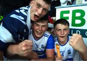28 June 2025; Waterford players, from left, Gearóid O’Shea, Daragh Murphy and Darragh Keane celebrate after the Electric Ireland GAA Hurling All-Ireland Minor Championship final match between Waterford and Clare at FBD Semple Stadium in Thurles, Tipperary. Photo by John Sheridan/Sportsfile