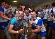 28 June 2025; Waterford captain James Comerford, left, and Aaron Walsh, right, celebrate with teammates and the Irish Press Cup after the Electric Ireland GAA Hurling All-Ireland Minor Championship final match between Waterford and Clare at FBD Semple Stadium in Thurles, Tipperary. Photo by Brendan Moran/Sportsfile