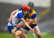 28 June 2025; Pierce Quann of Waterford is tackled by Gavin Marshall of Clare during the Electric Ireland GAA Hurling All-Ireland Minor Championship final match between Waterford and Clare at FBD Semple Stadium in Thurles, Tipperary. Photo by Brendan Moran/Sportsfile