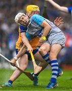 28 June 2025; Waterford goalkeeper James Comerford is tackled by Liam Murphy of Clare during the Electric Ireland GAA Hurling All-Ireland Minor Championship final match between Waterford and Clare at FBD Semple Stadium in Thurles, Tipperary. Photo by Brendan Moran/Sportsfile