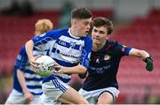 28 June 2025; Cal Kehoe of Naas in action against Dean Sampson of New York during the Football Division 1 Cup Final match between Naas and New York at the John West Féile Peile na nÓg Gaelic Football and LGFA National Finals at Derry GAA Centre of Excellence in Owenbeg, Derry. Photo by Shauna Clinton/Sportsfile