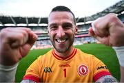 28 June 2025; Tyrone goalkeeper Niall Morgan celebrates after the GAA Football All-Ireland Senior Championship quarter-final match between Dublin and Tyrone at Croke Park in Dublin. Photo by David Fitzgerald/Sportsfile