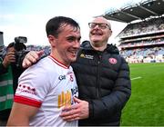 28 June 2025; Tyrone manager Malachy O'Rourke celebrates with Darragh Canavan after the GAA Football All-Ireland Senior Championship quarter-final match between Dublin and Tyrone at Croke Park in Dublin. Photo by David Fitzgerald/Sportsfile