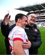 28 June 2025; Tyrone manager Malachy O'Rourke celebrates with Darragh Canavan after the GAA Football All-Ireland Senior Championship quarter-final match between Dublin and Tyrone at Croke Park in Dublin. Photo by David Fitzgerald/Sportsfile