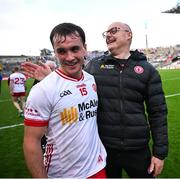 28 June 2025; Tyrone manager Malachy O'Rourke celebrates with Darragh Canavan after the GAA Football All-Ireland Senior Championship quarter-final match between Dublin and Tyrone at Croke Park in Dublin. Photo by David Fitzgerald/Sportsfile