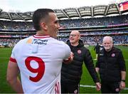 28 June 2025; Tyrone manager Malachy O'Rourke celebrates with Conn Kilpatrick after the GAA Football All-Ireland Senior Championship quarter-final match between Dublin and Tyrone at Croke Park in Dublin. Photo by David Fitzgerald/Sportsfile