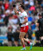 28 June 2025; Darragh Canavan of Tyrone celebrates a late point during the GAA Football All-Ireland Senior Championship quarter-final match between Dublin and Tyrone at Croke Park in Dublin. Photo by Ray McManus/Sportsfile