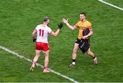 28 June 2025; Mattie Donnelly, left, and Tyrone goalkeeper Niall Morgan celebrate after the GAA Football All-Ireland Senior Championship quarter-final match between Dublin and Tyrone at Croke Park in Dublin. Photo by Daire Brennan/Sportsfile