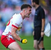28 June 2025; Ruairí Canavan of Tyrone celebrates at the final whistle after the GAA Football All-Ireland Senior Championship quarter-final match between Dublin and Tyrone at Croke Park in Dublin. Photo by David Fitzgerald/Sportsfile