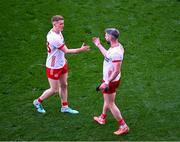 28 June 2025; Peter Harte, left, and Mattie Donnelly of Tyrone celebrate after the GAA Football All-Ireland Senior Championship quarter-final match between Dublin and Tyrone at Croke Park in Dublin. Photo by Daire Brennan/Sportsfile