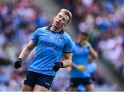 28 June 2025; Seán Bugler of Dublin reacts after kicking a wide during the GAA Football All-Ireland Senior Championship quarter-final match between Dublin and Tyrone at Croke Park in Dublin. Photo by Piaras Ó Mídheach/Sportsfile