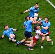 28 June 2025; Conor Meyler of Tyrone in action against Brian Howard, left, and John Small during the GAA Football All-Ireland Senior Championship quarter-final match between Dublin and Tyrone at Croke Park in Dublin. Photo by Daire Brennan/Sportsfile