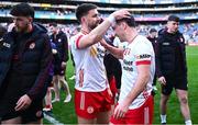 28 June 2025; Tyrone players Darragh Canavan, right, and Pádraig Hampsey after their side's victory in the GAA Football All-Ireland Senior Championship quarter-final match between Dublin and Tyrone at Croke Park in Dublin. Photo by Piaras Ó Mídheach/Sportsfile