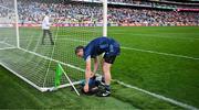 28 June 2025; Dublin goalkeeper Stephen Cluxton gathers his belongings from beside the Duublin goal after the GAA Football All-Ireland Senior Championship quarter-final match between Dublin and Tyrone at Croke Park in Dublin. Photo by Ray McManus/Sportsfile