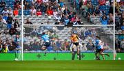 28 June 2025; Tyrone goalkeeper Niall Morgan tips away a pass to Cormac Costello of Dublin late in the GAA Football All-Ireland Senior Championship quarter-final match between Dublin and Tyrone at Croke Park in Dublin. Photo by Ray McManus/Sportsfile