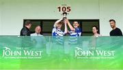 28 June 2025; Naas captains Oisin Lynch, left, and Matthew McCarthy lift the cup after their side's victory in the Football Division 1 Cup Final match between Naas and New York at the John West Féile Peile na nÓg Gaelic Football and LGFA National Finals at Derry GAA Centre of Excellence in Owenbeg, Derry. Photo by Shauna Clinton/Sportsfile