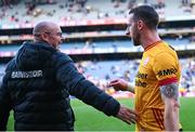 28 June 2025; Tyrone manager Malachy O'Rourke with Tyrone goalkeeper Niall Morgan after their side's victory in the GAA Football All-Ireland Senior Championship quarter-final match between Dublin and Tyrone at Croke Park in Dublin. Photo by Piaras Ó Mídheach/Sportsfile