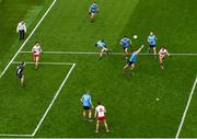 28 June 2025; Darragh Canavan of Tyrone kicks a point during the GAA Football All-Ireland Senior Championship quarter-final match between Dublin and Tyrone at Croke Park in Dublin. Photo by David Fitzgerald/Sportsfile