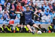 28 June 2025; Dublin goalkeeper Stephen Cluxton kicks a free wide late in the second half during the GAA Football All-Ireland Senior Championship quarter-final match between Dublin and Tyrone at Croke Park in Dublin. Photo by Piaras Ó Mídheach/Sportsfile