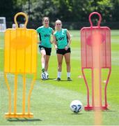 28 June 2025; Jessie Stapleton, right, and Anna Patten plays footgolf during a Republic of Ireland women training session at Mercy Health Training Center in Cincinnati, Ohio, USA. Photo by Stephen McCarthy/Sportsfile