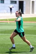 28 June 2025; Abbie Larkin celebrates while plays footgolf during a Republic of Ireland women training session at Mercy Health Training Center in Cincinnati, Ohio, USA. Photo by Stephen McCarthy/Sportsfile