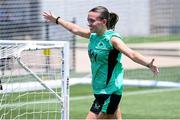 28 June 2025; Abbie Larkin celebrates while plays footgolf during a Republic of Ireland women training session at Mercy Health Training Center in Cincinnati, Ohio, USA. Photo by Stephen McCarthy/Sportsfile