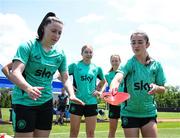 28 June 2025; Marissa Sheva and Lucy Quinn, left, remove a butterfly from the pitch during a Republic of Ireland women training session at Mercy Health Training Center in Cincinnati, Ohio, USA. Photo by Stephen McCarthy/Sportsfile