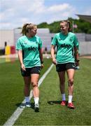 28 June 2025; Ellen Molloy, left, and Erin McLaughlin during a Republic of Ireland women training session at Mercy Health Training Center in Cincinnati, Ohio, USA. Photo by Stephen McCarthy/Sportsfile