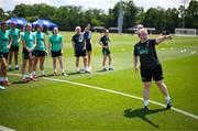 28 June 2025; Assistant coach Charlotte Healy speak to the players during a Republic of Ireland women training session at Mercy Health Training Center in Cincinnati, Ohio, USA. Photo by Stephen McCarthy/Sportsfile