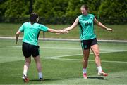 28 June 2025; Saoirse Noonan, right, and Lucy Quinn celebrates while playing footgolf during a Republic of Ireland women training session at Mercy Health Training Center in Cincinnati, Ohio, USA. Photo by Stephen McCarthy/Sportsfile