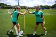 28 June 2025; Kyra Carusa, right, and Hayley Nolan celebrate while playing footgolf during a Republic of Ireland women training session at Mercy Health Training Center in Cincinnati, Ohio, USA. Photo by Stephen McCarthy/Sportsfile