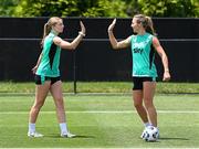 28 June 2025; Kyra Carusa, right, and Hayley Nolan celebrate while playing footgolf during a Republic of Ireland women training session at Mercy Health Training Center in Cincinnati, Ohio, USA. Photo by Stephen McCarthy/Sportsfile
