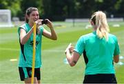 28 June 2025; Erin Healy records team-mate Megan Connolly playing footgolf during a Republic of Ireland women training session at Mercy Health Training Center in Cincinnati, Ohio, USA. Photo by Stephen McCarthy/Sportsfile