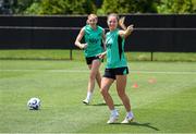 28 June 2025; Kyra Carusa and Hayley Nolan, left, play footgolf during a Republic of Ireland women training session at Mercy Health Training Center in Cincinnati, Ohio, USA. Photo by Stephen McCarthy/Sportsfile