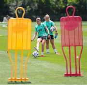 28 June 2025; Erin McLaughlin, left, and Ellen Molloy play footgolf during a Republic of Ireland women training session at Mercy Health Training Center in Cincinnati, Ohio, USA. Photo by Stephen McCarthy/Sportsfile