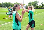 28 June 2025; Erin Healy and Megan Connolly, right, during a Republic of Ireland women training session at Mercy Health Training Center in Cincinnati, Ohio, USA. Photo by Stephen McCarthy/Sportsfile