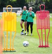 28 June 2025; Goalkeeper Courtney Brosnan and Caitlin Hayes, left, play footgolf during a Republic of Ireland women training session at Mercy Health Training Center in Cincinnati, Ohio, USA. Photo by Stephen McCarthy/Sportsfile