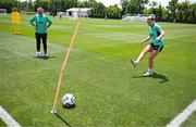 28 June 2025; Dee Bradley and Grace Moloney, left, play footgolf during a Republic of Ireland women training session at Mercy Health Training Center in Cincinnati, Ohio, USA. Photo by Stephen McCarthy/Sportsfile