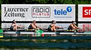 29 June 2025; Team Ireland, from left, Claire Feerick, Aisling Hayes, Imogen Magner and Natalie Long compete in the Women’s Four Final B during the 2025 World Rowing Cup at Rotsee in Lucerne, Switzerland. Photo by Benedict Tufnell/Sportsfile