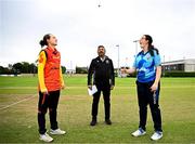 29 June 2025; Match referee Bala Kailash with Scorchers captain Christina Coulter Reilly, left, and Typhoons captain Jane Maguire during the toss before the Evoke Super 20 Trophy match between Typhoons and Scorchers at Railway Union Cricket Club in Dublin. Photo by Seb Daly/Sportsfile