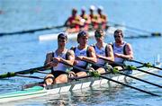 29 June 2025; Team Ireland, from left, Andrew Sheehan,  Adam Murphy, Brian Colsh and Ronan Byrne during the Men’s Quadruple Sculls Final B during the 2025 World Rowing Cup at Rotsee in Lucerne, Switzerland. Photo by Benedict Tufnell/Sportsfile