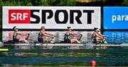29 June 2025; Team Ireland, from left, Claire Feerick, Aisling Hayes, Imogen Magner and Natalie Long compete in the Women’s Four Final B during the 2025 World Rowing Cup at Rotsee in Lucerne, Switzerland. Photo by Benedict Tufnell/Sportsfile