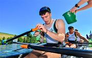29 June 2025; Andrew Sheehan of Ireland cools down after the Men’s Quadruple Sculls Final B during the 2025 World Rowing Cup at Rotsee in Lucerne, Switzerland. Photo by Benedict Tufnell/Sportsfile