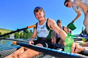 29 June 2025; Adam Murphy of Ireland cools down after the Men’s Quadruple Sculls Final B during the 2025 World Rowing Cup at Rotsee in Lucerne, Switzerland. Photo by Benedict Tufnell/Sportsfile